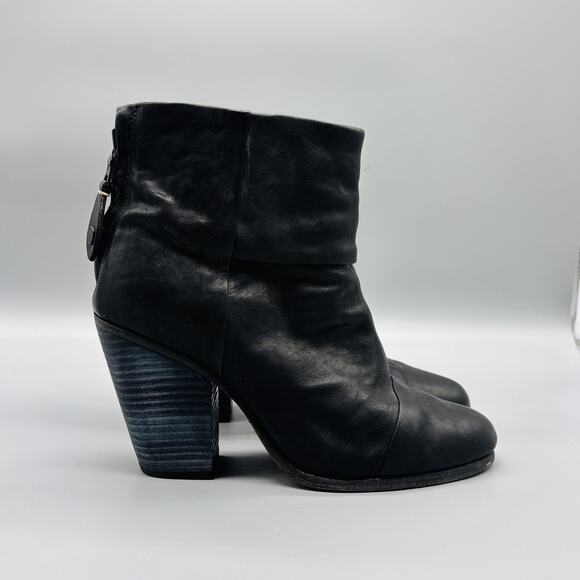 Rag & Bone Boots Womens 8.5 Black Leather Newbury Ankle Booties Block Heel Zip - Picture 1 of 12